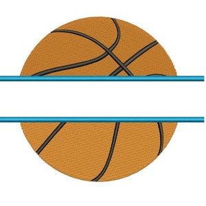 May include: A split monogram design featuring a basketball with orange and black coloring. Two blue lines divide the basketball in half, creating space for a name or initials.