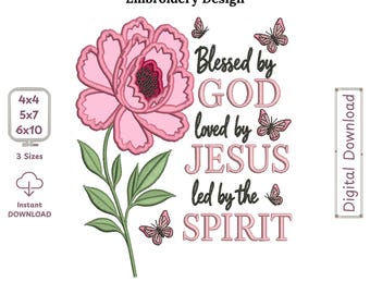 Blessed by Love – Loved by Jesus, Led by the Spirit Applique Machine Embroidery Design Flowers & Butterflies Religious Pattern