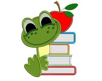 Little Frog With Books School Applique Machine Embroidery Digitized Design Pattern  - Instant Download - 4x4 , 5x7, and 6x10 -hoops