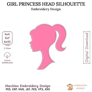 Girl Princess Head Silhouette Applique Embroidery Design Princess Machine Embroidery File Princess Silhouette Pattern Instant Download