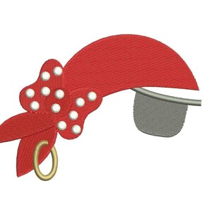 May include: Red and white pirate bandana with a white eye patch. The bandana has white polka dots and a gold hoop earring.