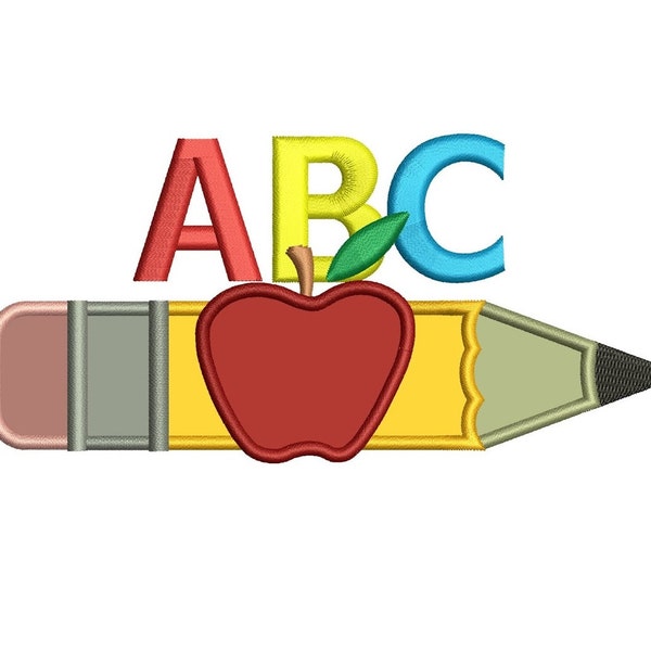 Pencil with letters and apple applique School Machine Embroidery Digitized Design Pattern -Instant Download- 4x4,5x7,6x10