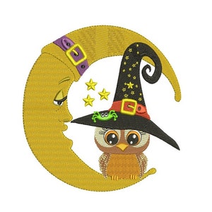 May include: A yellow crescent moon with a purple and brown belt and a witch's hat with stars on it. A brown owl with big eyes is wearing the hat and sitting on the moon.