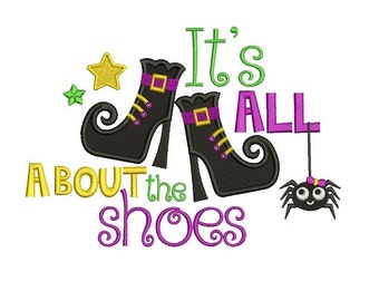 May include: It's all about the shoes, a Halloween themed embroidery design with two black witch's boots, a spider, and stars.