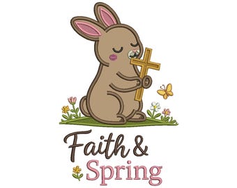 Faith and Spring Easter Bunny Holding Cross Applique Machine Embroidery Design Digitized Pattern