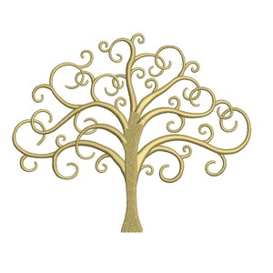 Könnte beinhalten: Ein stilisierter Baum in Gold mit einem dicken Stamm und vielen geschwungenen Ästen.