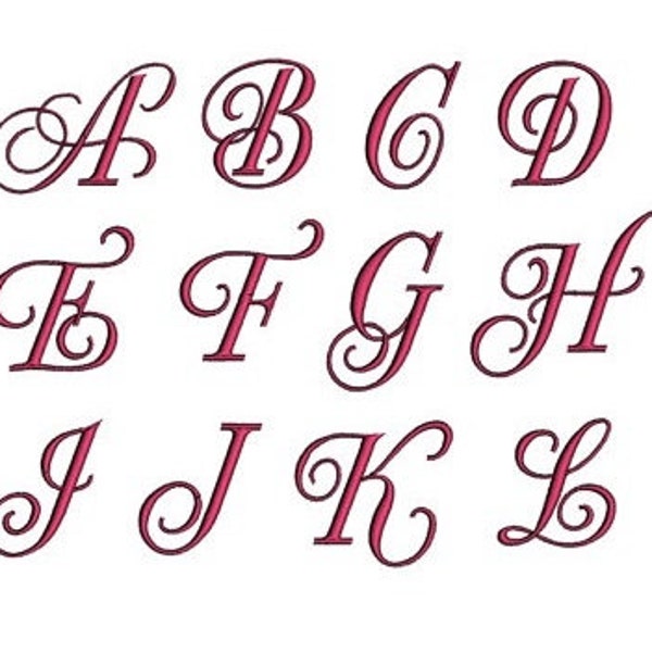 Fancy Curly Monogram Script Font 1,2,3 inches (Upper Case) in 11 Formats- Machine Embroidery Filled