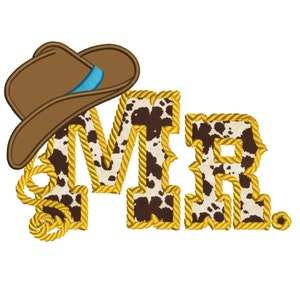 May include: A brown cowboy hat with a blue band sits above the letters "MR". The letters are filled with a cowhide pattern and outlined with a gold rope design. The image is on a white background.
