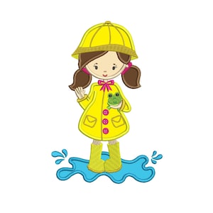 Little Girl With a Frog Wearing Rain Coat Applique Machine Embroidery Digitized Design Pattern  - Instant Download