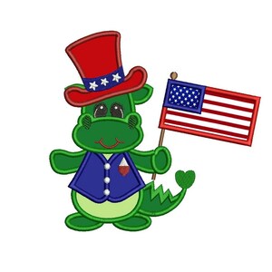Little Dino with American Flag USA 4th of July Independence Day Machine Embroidery Applique Digitized Design Pattern