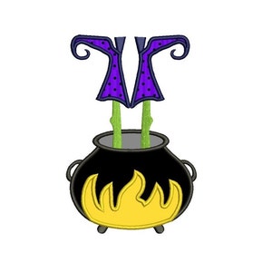 Witch feet in the pot Applique wearing witch hat Machine Embroidery Digitized Pattern - Instant Download - 4x4 , 5x7, 6x10