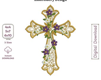 Cross with Flowers Filled Machine Embroidery Design, Floral Christian Cross Embroidery Pattern, Religious Stitch File Instant Download