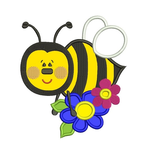 Cute Bumble Bee With Flowers Applique Machine Embroidery Design Pattern - Instant Download - 4x4 , 5x7, and 6x10 hoops