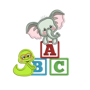 Little Elephant With ABC Blocks Back To School Applique Machine Embroidery Design Digitized Pattern