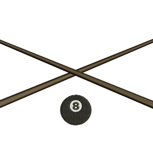 May include: Two brown pool cues crossed over each other with the 8 ball in the center.