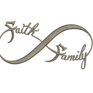 May include: A decorative wall art piece featuring the words "Faith" and "Family" intertwined within an infinity symbol. The design is in a neutral, textured gray color, set against a clean white background.