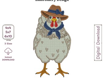 Chicken Wearing Large Hat Filled Machine Embroidery Design – Cute Farmhouse Chicken Pattern Instant Download Embroidery File