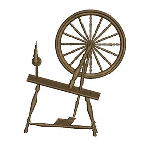 May include: A wooden spinning wheel with a large, spoked wheel and a smaller, rectangular base. The wheel is tilted to the side, and the base is resting on the ground.
