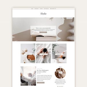 May include: A website mockup with a clean, minimalist design. The header features the name "Elodie." The page includes sections with text like "How to start annotating books" and "My Top 5 Bookstagram accounts to follow." The color scheme is primarily white and beige.