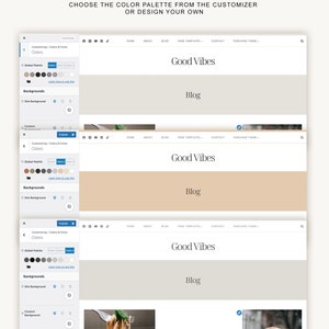 May include: Screenshot of a website design template with the text "Good Vibes" and "Blog" displayed on the page. The website design template has a light beige background and a menu bar with the options "Home", "About", "Blog", "Page Templates", "Contact", and "Purchase Theme".