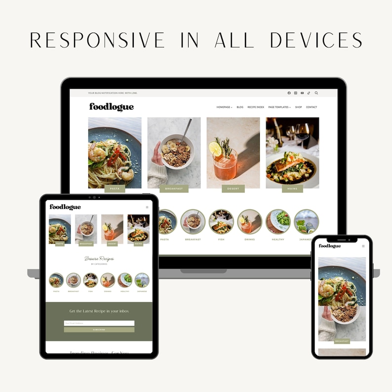 May include: A website mockup showing a responsive design for a food blog called "foodlogue". The website is shown on a laptop, tablet, and phone. The website features a variety of food photos, including pasta, breakfast, dessert, and main courses. The website also has a blog, recipe index, page templates, shop, and contact page.