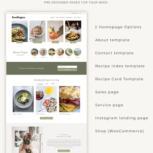 May include: A website mockup for a food blog called "foodlogue" with a green and white color scheme. The website features a variety of recipes, including breakfast, brunch, and dinner. The website also includes a shop section where users can purchase products related to the recipes.
