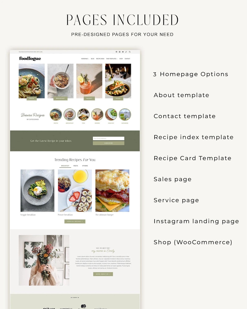 May include: A website mockup for a food blog called "foodlogue" with a green and white color scheme. The website features a variety of recipes, including breakfast, brunch, and dinner. The website also includes a shop section where users can purchase products related to the recipes.