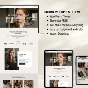 May include: A digital mockup of a website design, displayed on a laptop, tablet, and smartphone. The website features a clean, modern layout with the text "SOLUNA" at the top and the tagline "We Help Service-Based Businesses Grow With Clear Strategy."