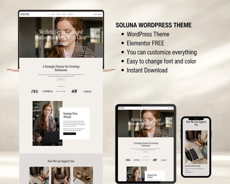May include: A digital mockup of a website design, displayed on a laptop, tablet, and smartphone. The website features a clean, modern layout with the text "SOLUNA" at the top and the tagline "We Help Service-Based Businesses Grow With Clear Strategy."