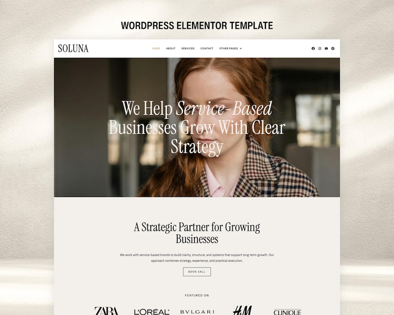 May include: A website template for WordPress Elementor. The Soluna website design features a clean layout with the text "We Help Service-Based Businesses Grow With Clear Strategy." The design includes a call to action button and logos of featured brands.