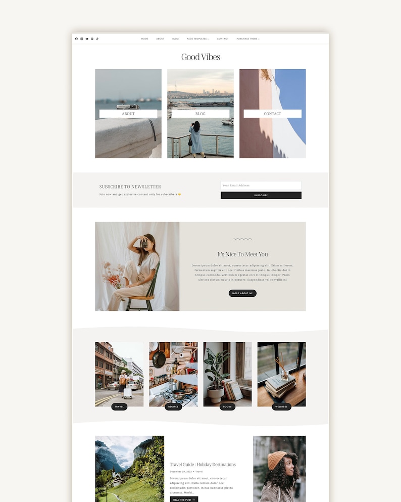 May include: Website homepage for Good Vibes, a lifestyle blog featuring travel, wellness, and lifestyle content. The website features a light beige background with a simple design and images of a woman taking photos, a city street, a plant, and a mountain range.