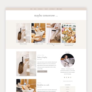 Könnte beinhalten: Webdesign in neutralen Farbtönen. Der Header enthält Navigationslinks und den Text "maybe tomorrow...". Bildtafeln zeigen Backwaren, Cafészenen und Macarons. Blogbeiträge tragen Titel wie "Bakery Display" und "Breakfast at a cafe".