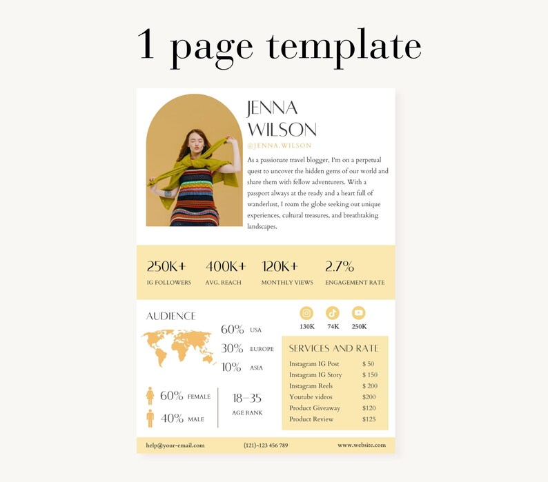 1 Page Yellow Media kit Canva Template,Instagram media kit Canva, Influencer Rate Sheet Tiktok rate card Blogger Press Kit,Youtube media kit image 2