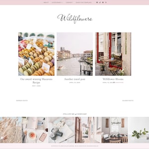May include: A website template with a pink header and footer, featuring the title "Wildflowers" in elegant script. The site showcases blog posts with images of macarons, a canal, and a cafe. The footer includes social media links and copyright information.