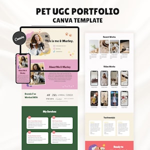 Pode incluir: Um modelo de portfólio digital para criadores de conteúdo sobre animais de estimação, exibindo um tablet e um smartphone com layouts em seções rosa, verde e creme. O design inclui espaços reservados para fotos, texto e logotipos.