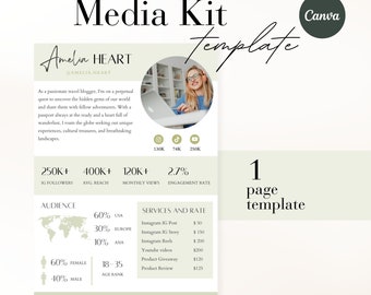 1 Page Media kit Canva Template, Instagram media kit Canva, Influencer Rate Sheet Tiktok rate card Blogger Press Kit, Youtube media kit