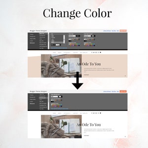 May include: A screenshot of a website design tool showing how to change the background color of a website. The website is a blog with the title "An Ode To You". The website design tool has a color palette with a variety of colors to choose from.