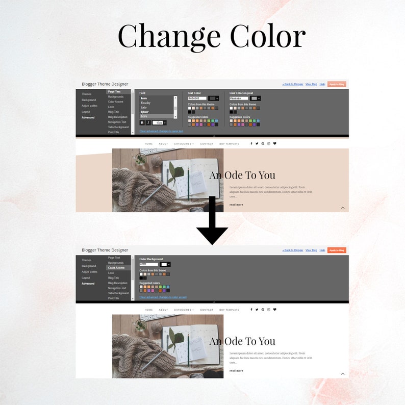 May include: A screenshot of a website design tool showing how to change the background color of a website. The website is a blog with the title "An Ode To You". The website design tool has a color palette with a variety of colors to choose from.