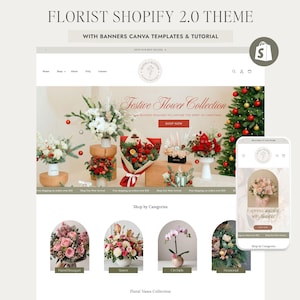 Op de afbeelding: Een website-ontwerp voor een bloemenwinkel, met een feestelijke bloemencollectie. Het ontwerp omvat een desktopweergave en een mobiele weergave, met verschillende bloemstukken en de tekst "FLORIST SHOPIFY 2.0 THEME".