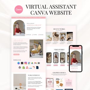 Könnte beinhalten: Eine Website-Designvorlage für einen virtuellen Assistenten mit rosa und weißem Farbschema. Das Design umfasst Abschnitte für aktuelle Arbeiten, Videoarbeiten und Grafikdesign. Der Text enthält "Virtual Assistant Canva Website" und "Amelia Grant."