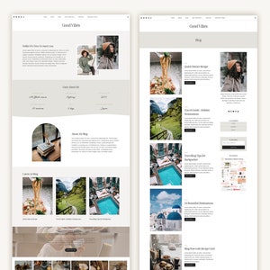 May include: A website screenshot showing a blog page with a light brown background. The page features a blog post titled "Quick Dinner Recipe" with a photo of pasta. The blog post is next to a photo of a woman with curly brown hair. The page also features a blog post titled "Travel Guide: Holiday Destinations" with a photo of a mountain landscape. The blog post is next to a photo of a woman with curly brown hair.