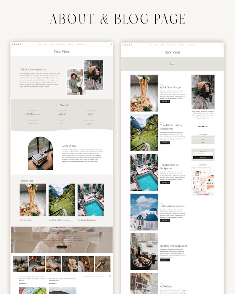 May include: A website screenshot showing a blog page with a light brown background. The page features a blog post titled "Quick Dinner Recipe" with a photo of pasta. The blog post is next to a photo of a woman with curly brown hair. The page also features a blog post titled "Travel Guide: Holiday Destinations" with a photo of a mountain landscape. The blog post is next to a photo of a woman with curly brown hair.