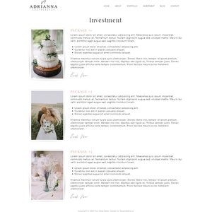 May include: A website page titled "Investment" with text and images. The page includes a logo, navigation links, and three packages with descriptions and photos of wedding cakes, a couple, and floral arrangements.