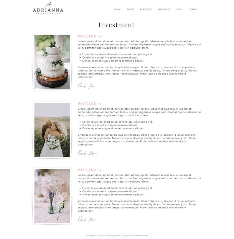 May include: A website page titled "Investment" with text and images. The page includes a logo, navigation links, and three packages with descriptions and photos of wedding cakes, a couple, and floral arrangements.