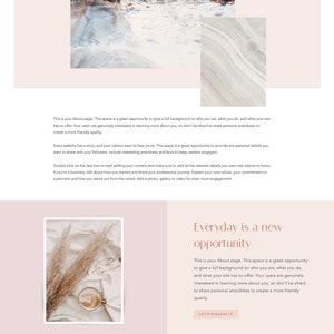 K&ouml;nnte beinhalten: Eine Website-Startseite mit dem Text "Leighton Lavigne" in einer handschriftlichen Schriftart. Die Seite hat einen rosa Hintergrund mit einem Foto eines felsigen Strandes und einem Foto einer Tasse Kaffee auf einer wei&szlig;en Oberfl&auml;che. Der Text "About Us" ist in einer gro&szlig;en Schriftart oben auf der Seite. Der Text "Everyday is a new opportunity" ist in einer kleineren Schriftart unter den Fotos. Der Text "Let's Discuss It" befindet sich in einem Button am unteren Rand der Seite.