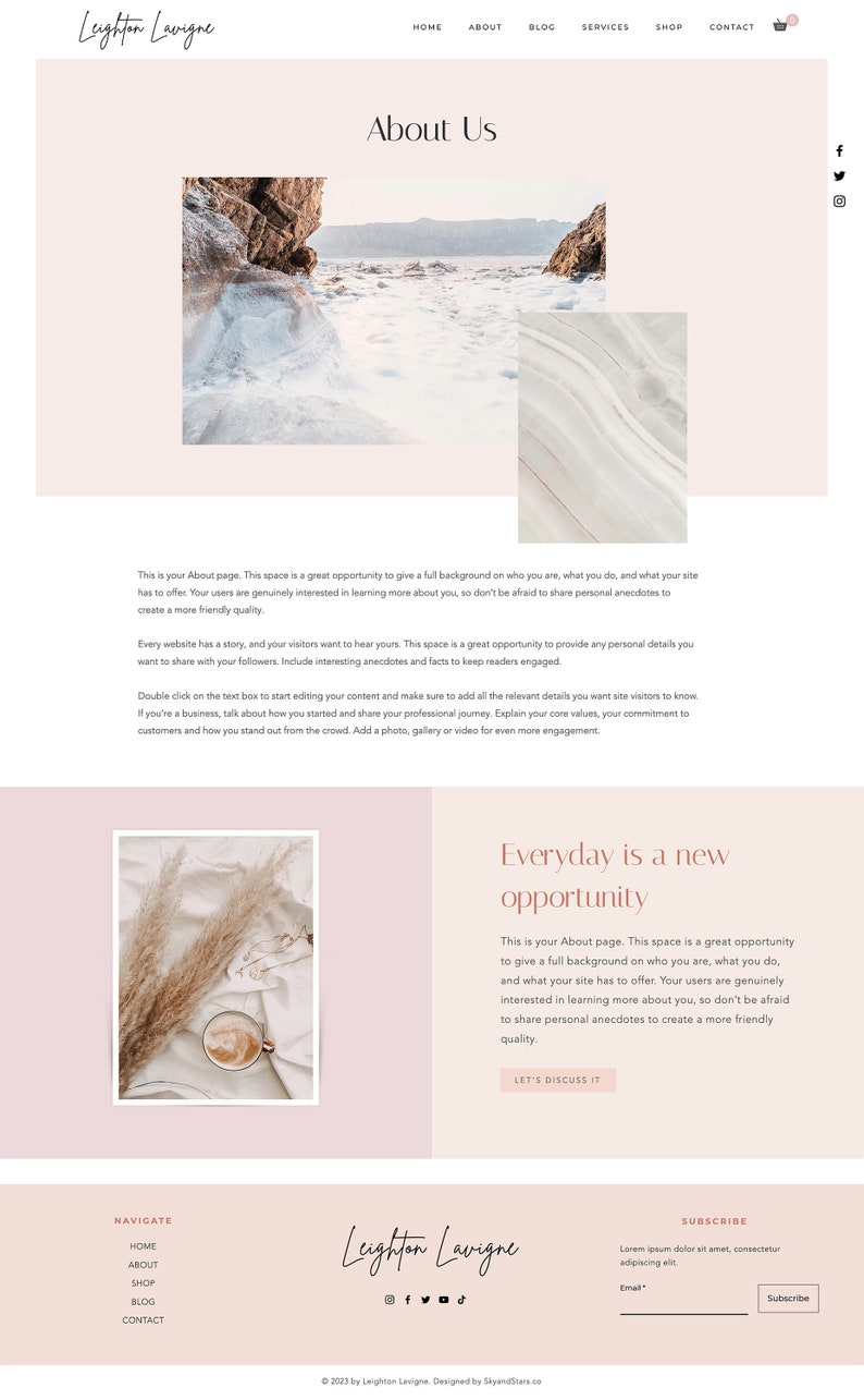 K&ouml;nnte beinhalten: Eine Website-Startseite mit dem Text "Leighton Lavigne" in einer handschriftlichen Schriftart. Die Seite hat einen rosa Hintergrund mit einem Foto eines felsigen Strandes und einem Foto einer Tasse Kaffee auf einer wei&szlig;en Oberfl&auml;che. Der Text "About Us" ist in einer gro&szlig;en Schriftart oben auf der Seite. Der Text "Everyday is a new opportunity" ist in einer kleineren Schriftart unter den Fotos. Der Text "Let's Discuss It" befindet sich in einem Button am unteren Rand der Seite.