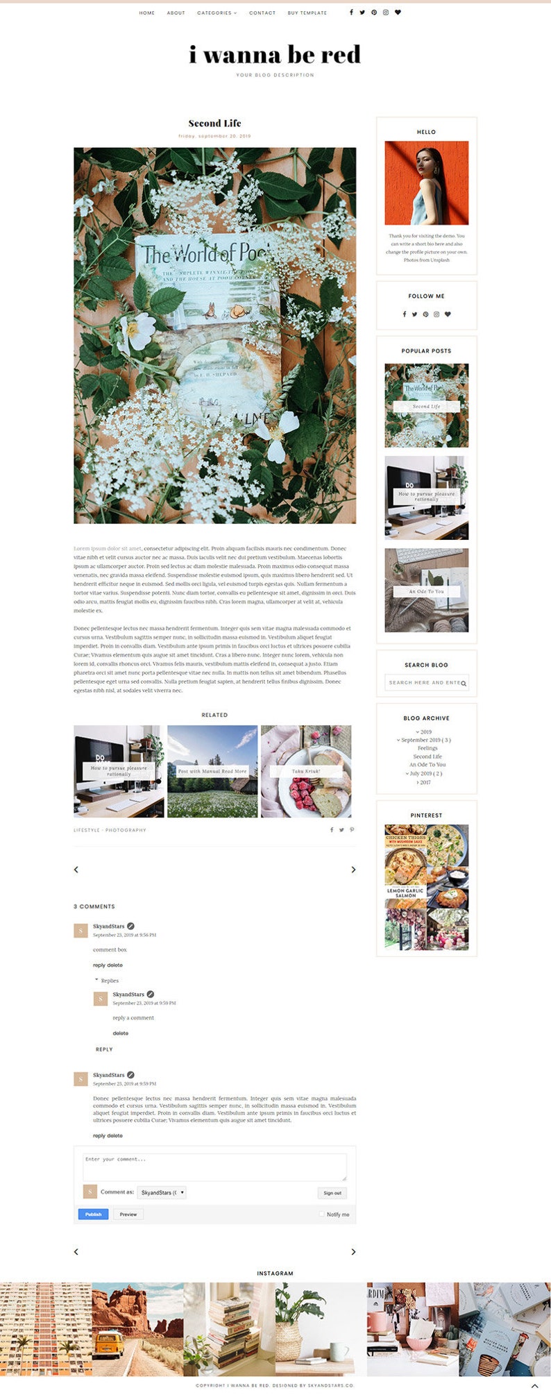 May include: A blog post titled "Second Life" with a photo of a book titled "The World of Poe" surrounded by white flowers and green leaves. The blog post includes a section for related posts, comments, and a blog archive.