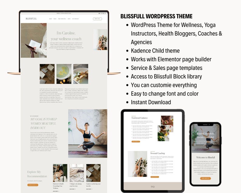 Thème WordPress pour le bien-être, les instructeurs de yoga, les blogueurs sur la santé, les coachs et les agences - Thème Kadence Child - Blissfull image 3