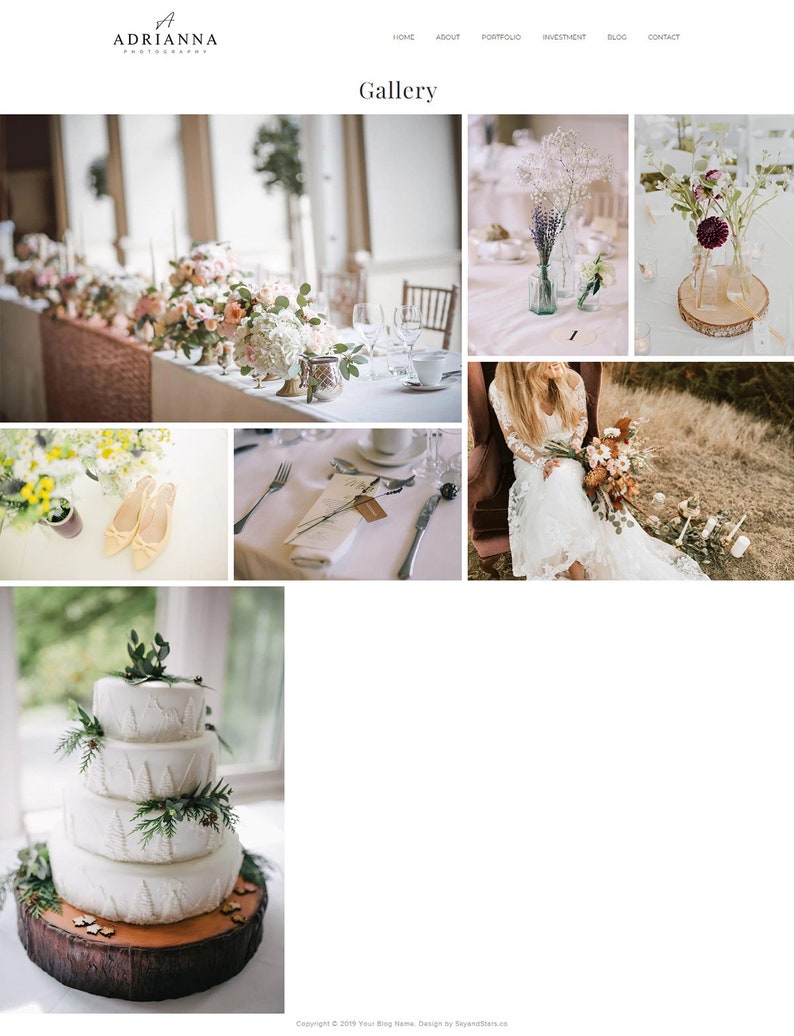 May include: A website gallery featuring wedding photography. Images include floral arrangements, table settings, a wedding cake, and a bride in a lace dress. The website's header includes the name "ADRIANNA" and navigation links: Home, About, Portfolio, Investment, Blog, and Contact.