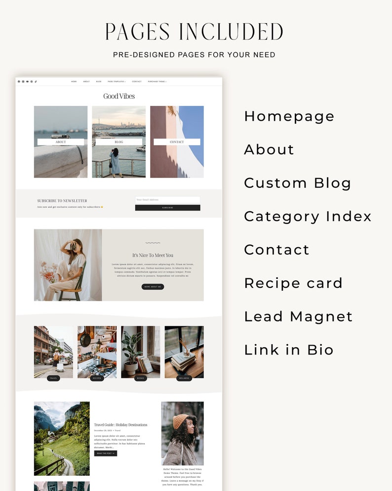 May include: A website mockup showcasing pre-designed pages for a blog or website. The pages include a homepage, about page, custom blog, category index, contact page, recipe card, lead magnet, and link in bio. The website has a minimalist design with a light background and a simple layout.